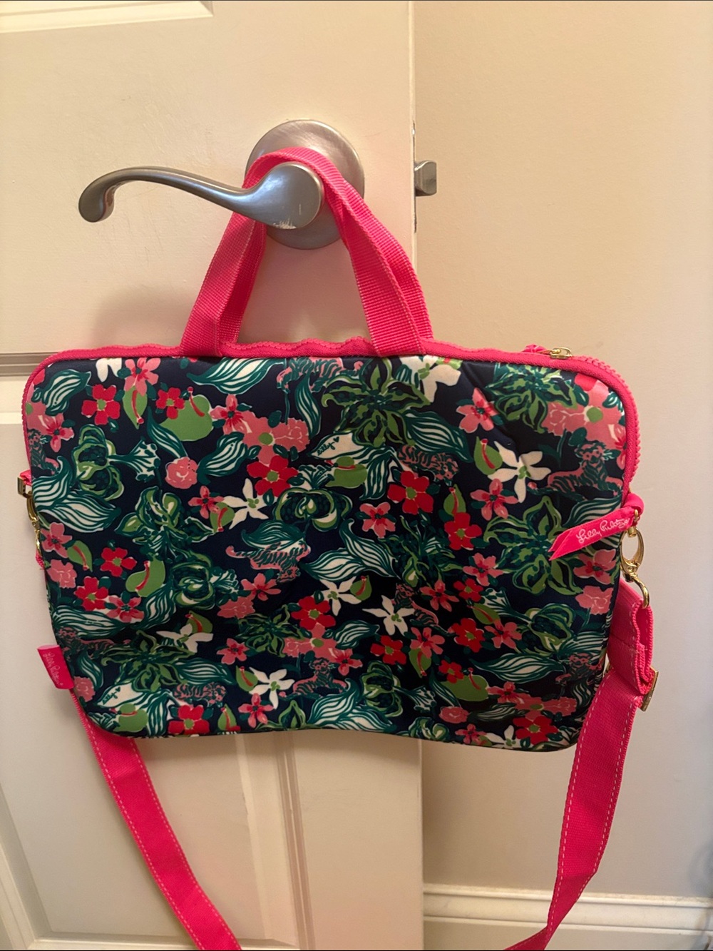 Lilly Pulitzer Floral Laptop Bag in Navy, Pink & Green Neoprene detachable strap